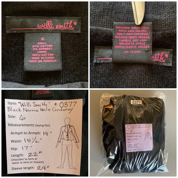 “Willi Smith” Black Corduroy Jacket Ribbon Trim - Picture 4 of 8